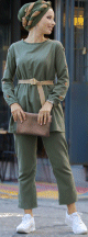 Ensemble casual deux pieces (Tunique et Pantalon avec Ceinture) pour femme - Couleur Kaki