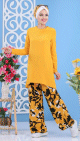 Ensemble femme 2 pieces tunique + pantalon a motifs - Couleur jaune moutarde