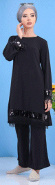 Ensemble chic 2 pieces tunique + pantalon - Tenue classe et mastoura pour femme - Couleur Noir