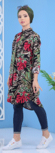Chemise longue 100% coton à motifs "tropical" pour femme sur fond noir Chemise longue 100% coton a motifs "tropical" pour femme sur fond noir