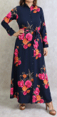 Robe longue fluide boutonnee a imprimes fleuris en viscose pour femme - Couleur bleu marine
