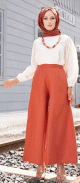 Ensemble Pantalon Palazzo ample et Blouse avec collier assorti (Tenue Mastoura pour femme voilee) - Couleur creme et rouille