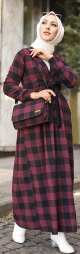 Ensemble Robe a carreaux avec sac a main assorti - Couleur rouge bordeaux et noir