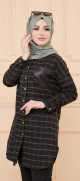 Chemise longue - Tunique a rayures (Surchemise pour saison automne hiver - Vetement Hijab France) - Couleur noir et rayures vertes