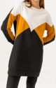 Tunique originale pour femme - Sweat-shirt tricolore - Couleur blanc noir et moutarde