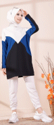 Tunique originale pour femme - Sweat-shirt tricolore - Couleur blanc noir et Bleu roi