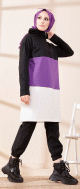Tunique à capuche tricolore (Vêtement décontracté moderne pour femme voilée) - Couleur noir, blanc et mauve Tunique a capuche tricolore (Vetement decontracte moderne pour femme voilee) - Couleur noir, blanc et mauve