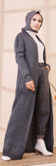 Cardigan maxi-long tricote en grosse maille (Vetement Hijab Automne Hiver pour femme) - Couleur anthracite