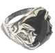 Bague anneau chevaliere pour homme en metal argente sertie d'une perle noire